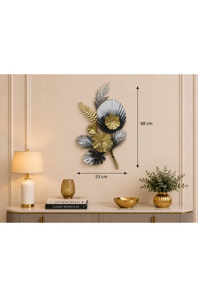 Hinora Home Dekoratif Metal Duvar Panosu Dikey Siyah Gri Gold Yaprak Desenli ...