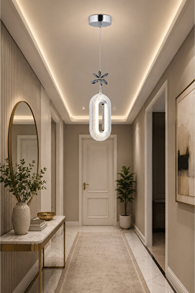 KKG ELEKTRİK Led Elips Tekli Gümüş 3 Renk Ledli Modern Led Avize