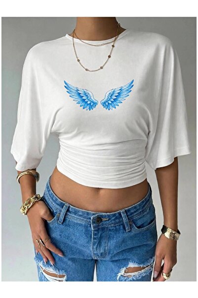PERISENSE Women's Lycra Bat Sleeve Crop T-Shirt, Fitted at the Waist, Stretch...