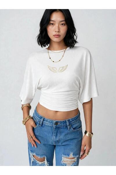 PERISENSE Women's Lycra Bat Sleeve Crop T-Shirt, Fitted at the Waist, Stretch...