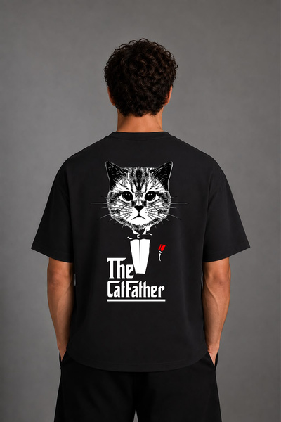 VSRN Tricou oversize negru cu imprimeu pe spate Cat Father Design