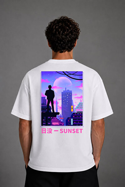 VSRN Japanese Sunset Design Back Printed White Oversize T-Shirt