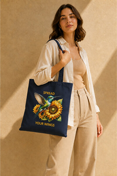 KATAJA Sinek Kuşu ve Ayçiçeği Baskılı Lacivert Gabardin Bez Çanta 35x40 cm %1...