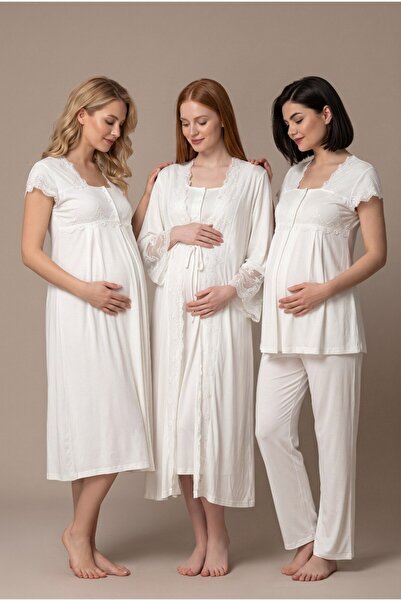 LOHOUSE Women's Ecru Lace Breastfeeding Detailed Maternity Pajama Nightgown S...