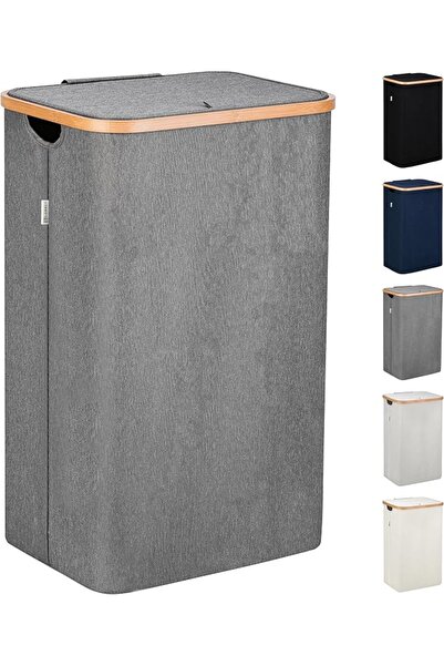 GENERAL Lonbet - Grey Bamboo Laundry Basket with Lid - XL 100 L - Collapsible...