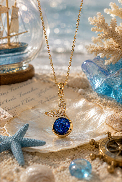 Sylvera Shop Deep Blue Whale Tail Steel Necklace (Gold Color)