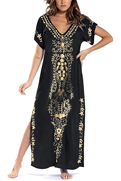 Bsubseach Women Embroidery Short Sleeve Bikini Swimsuit Cover Up Side Split B...