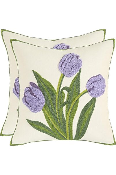 Tosleo Decorative Pillowcases 18x18 inch Pack of 2 Beige Tropical Leaf Embroi...