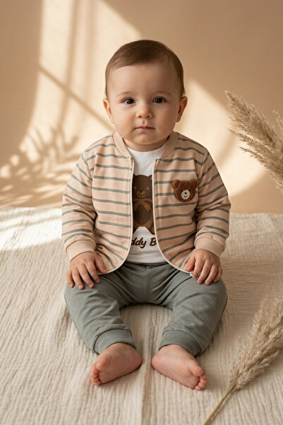 Babydonat طقم مكون من 3 قطع مطرزة بتصميم دب أخضر مخطط للأطفال الأولاد - سترة ...