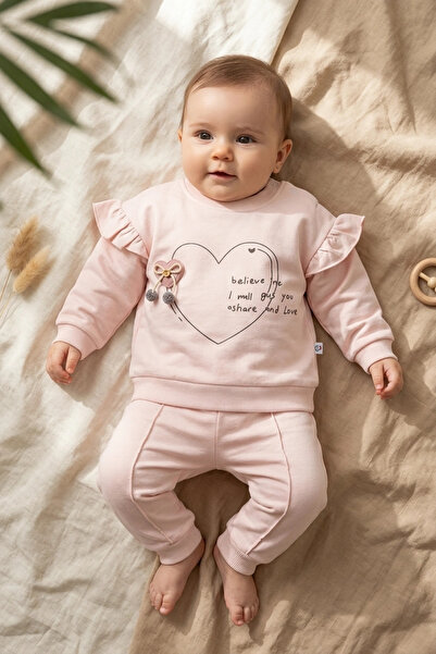 Babydonat طقم سويت شيرت وبنطلون مزين بكشكشة وطبعة قلب السلمون للفتيات الصغيرا...