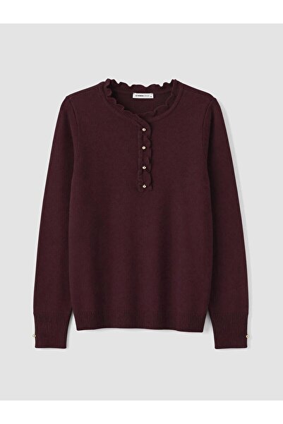 LC Waikiki Plum Ruffled Crew Neck Women's Knitwear Sweater (W6)