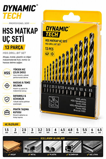 DynamicTech Profesyonel 13 Parça Hss Matkap Uç Seti 1.5-6.5 mm Metal Ahşap Pl...