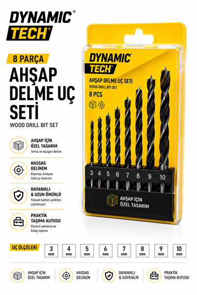DynamicTech Profesyonel 8 Parça Ahşap Delme Uç Seti 3-10 mm Matkap Ucu Mdf Sunta Kontrplak Uyumlu