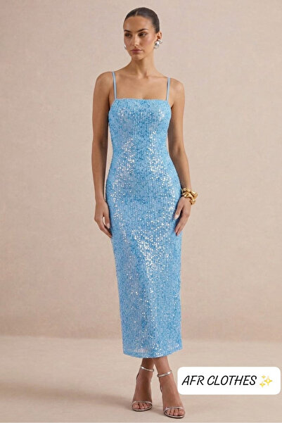 AFR CLOTHES KADIN İP ASKILI İÇİ ASTARLI PAYETLİ MİDİ ABİYE ELBİSE
