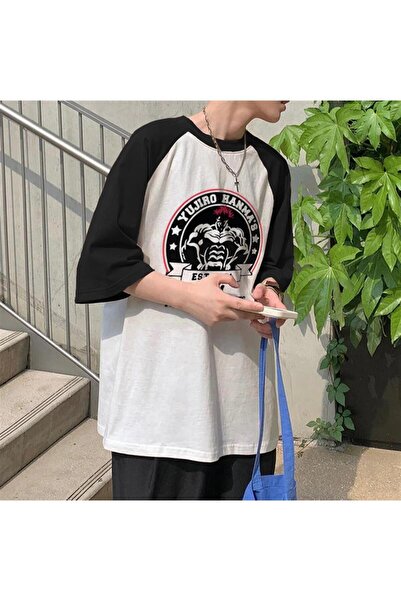 DEEFWEAR Mingalondon Yujiro Hanma's Gym Printed Raglan Sleeve White Unisex Ov...