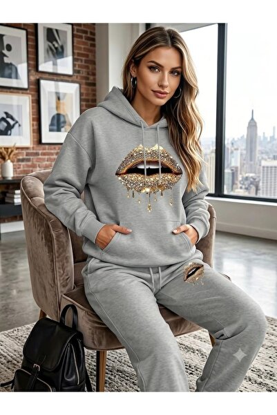 WOODROFFE Women's Lip Print Oversize Hooded Tracksuit Set Casual