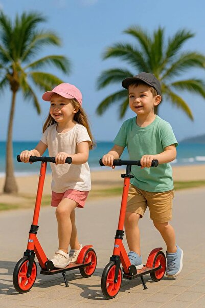 PlayZen 2 Tekerlekli Çocuk Scooter Büyük Tekerlekli Katlanabilir Ayarlanabilir Gidonlu Ayaklıklı Kırmızı