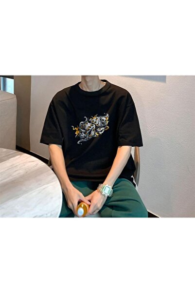 DEEFWEAR Mi̇ngalondon Flaming Dice Skulls Black Unisex Oversize T-Shirt