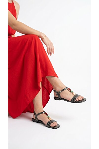 Eysha Lamis Women's Sandals Flat Sole T-Strap Stone Detailed Ankle Buckle Squ...