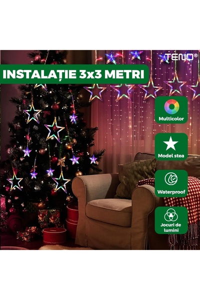 MACVI Decorațiune de Crăciun tip perdea cu stele multicolore 3x3 m — Magia Să...