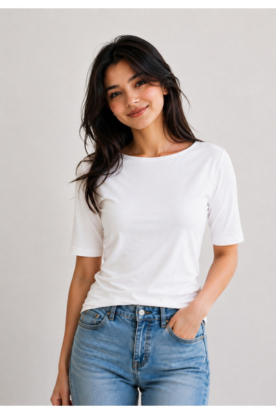 MARIRE Kadın Beyaz Basic Bisiklet Yaka Kısa Kollu Pamuklu T-Shirt
