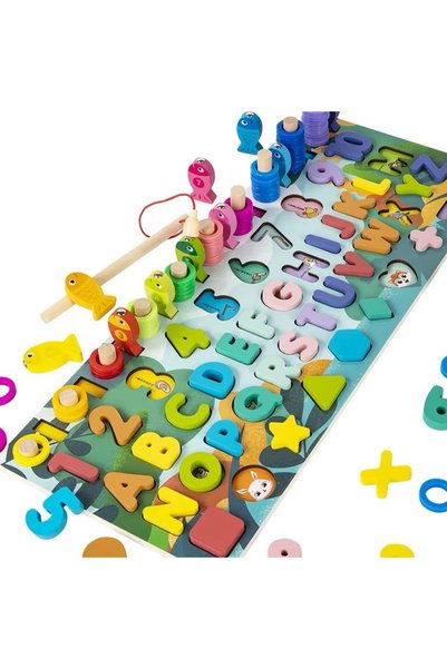 IM FineLife 6 in 1 Wooden Montessori Educational Board - Logarithmic Board | Alphabet, Numbers, Shapes, Color Sorting, Stacking Rings & Fishing Game | Ages 3+