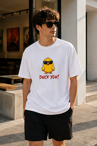 Duzor White T-Shirt 100% Cotton Duck You Angry Duck Printed Crew Neck Oversize