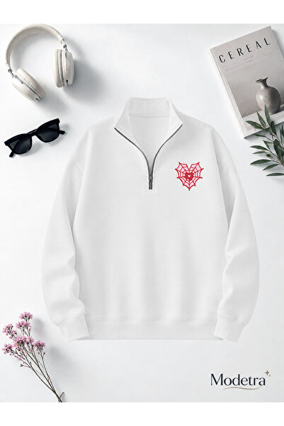 Modetra Women's Network Heart Printed Half Zipper Stand Collar Single Basic E...