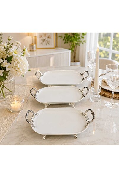 Buldem 3-Piece Silver Porcelain Presentation Set – Decorative Serving Tray Se...