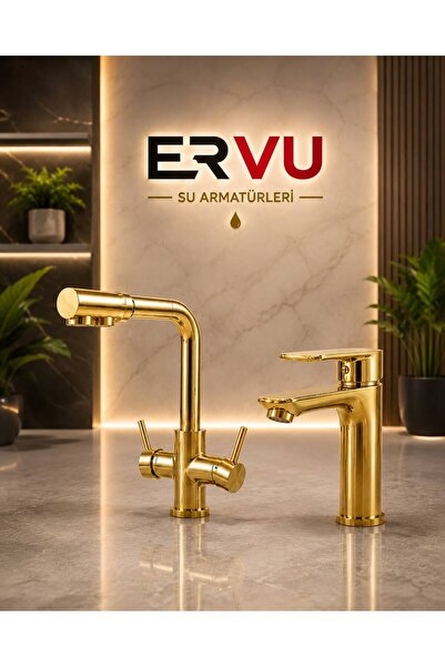 Gold Mutfak(Arıtma Girişli) ve Lavabo Bataryası Seti Pirinç Gövde Sıcak Soğuk Girişli 2 Yıl Garantili