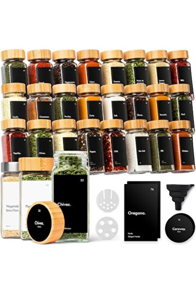 KIVY Set de 24 borcane de sticlă pentru condimente, 120 ml, cu capace din bam...