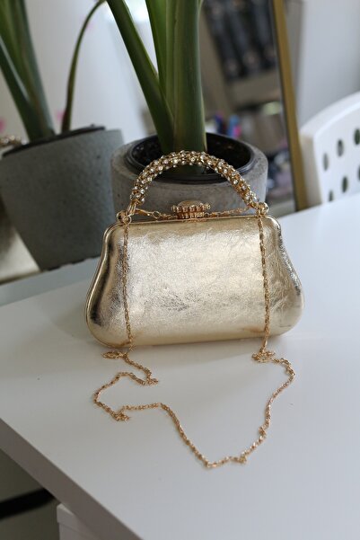 Moom Bag Kadın Gold Kasalı Taşlı Tutma Saplı Zincirli Abiye Çanta