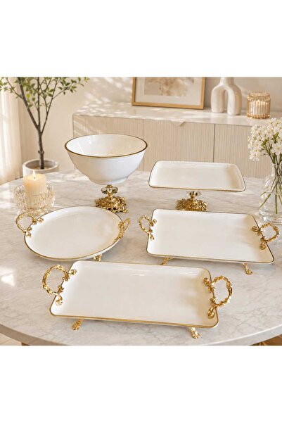 Buldem 5 Piece Original Porcelain Gold Presentation Set |   Stylish Footed Se...