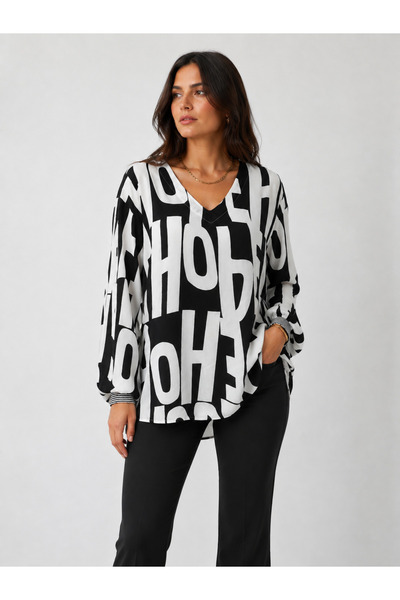 Neden Tekstil V-Neck Black and White Graphic Printed Relaxed Fit Women's Blouse