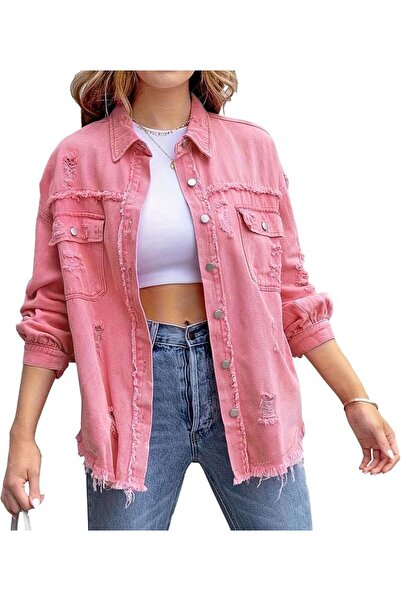 Generic Women's Casual Denim Jackets Frayed Hem Washed Button Jean Jacket Dis...