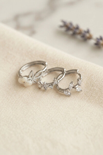 SORA GROUP Set of 3 Flower Model Silver Color Women's Earrings