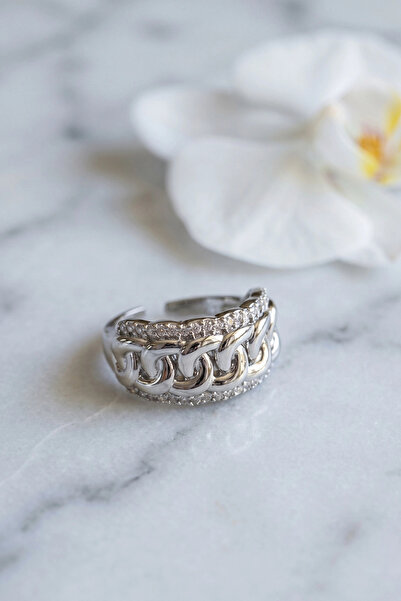shopwave Double Row Zircon Stone Mesh Chain Form Silver Color Ring