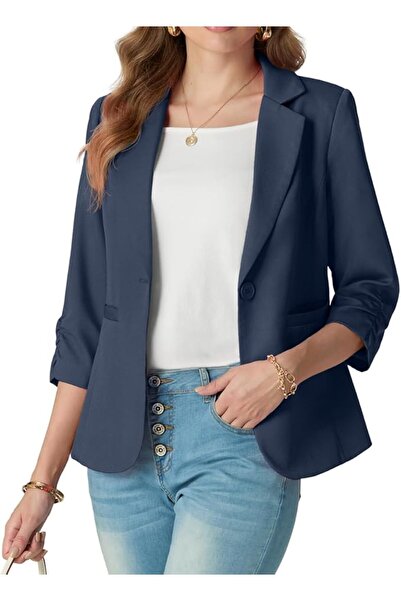 Grecerelle Womens Blazer Suit 3/4 Ruched Sleeves Ladies Formal Jackets Casual...