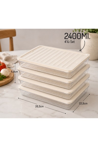 KONTEF 4’lü 2400 ML Dikdörtgen Saklama Kabı Seti – Kapaklı, İstiflenebilir, B...