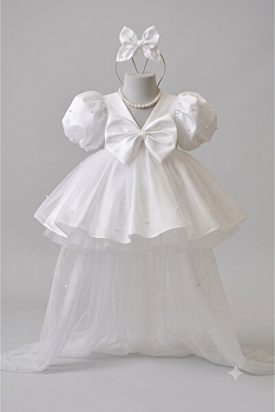 GOLD TEKSTİL Girl's White Tulle Puffy Birthday Dress with Pearl and Bow Detai...