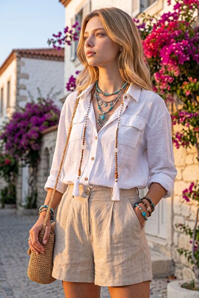 RMY MODA White Washed Linen Side Buttoned Double Pocket Casual Shirt