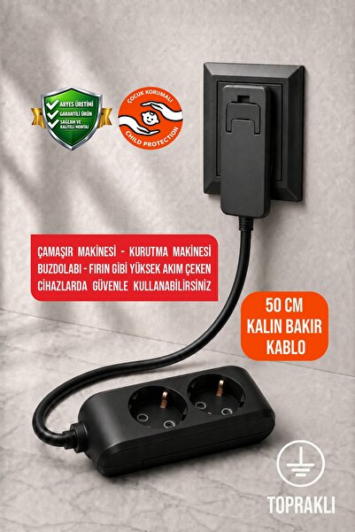 Aryes 2'li Uzatma Prizi 50 Cm 3x2,5 TTR Kalın Kablolu İnce Fişli Grup Priz