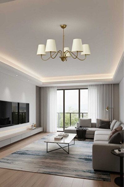 BSA LIGHTING MİRA 5'li ESKİTME MODERN AVİZE (KREM KONİK ABAJURLU) E27 DUYLU K...