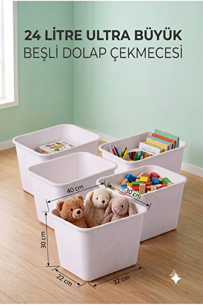 decosense 5 Adet Beyaz Ultra Büyük 24 Litre 40x30x30 cm Oyuncak Dolabı Çekmecesi