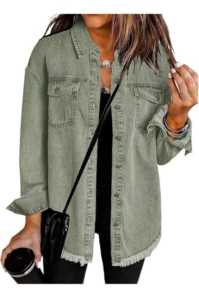 GENERAL Denim Jacket for Women Oversized Boyfriend Jean Jacket Button Up Fray...