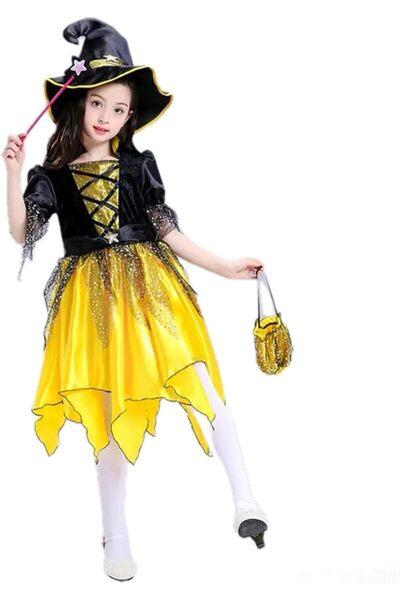 Generic Witch Children's Dress, Halloween Golden Princess Dress, With Hat, Ma...