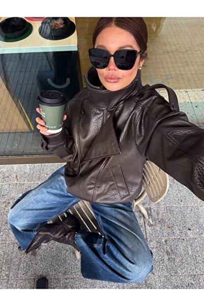 DERİMONT CLUP YSL & ZRA Dik Yaka Orjinal Desen Yumuşak Oversize Deri Ceket