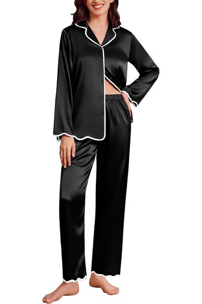 SILK SATIN 2 Piece Pajamas Set for Women Long Sleeve Button Down Ruffle Trim ...