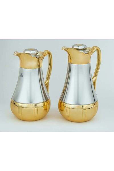 BASURRAH Luxury Tea and Coffee Thermos Set, 2 Pieces, Silver Gold Color, 1 Liter