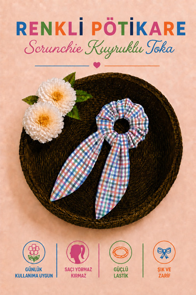 Hophera Multicolor Gingham Tail Scrunchie Hair Clip with Strong Elastic Band